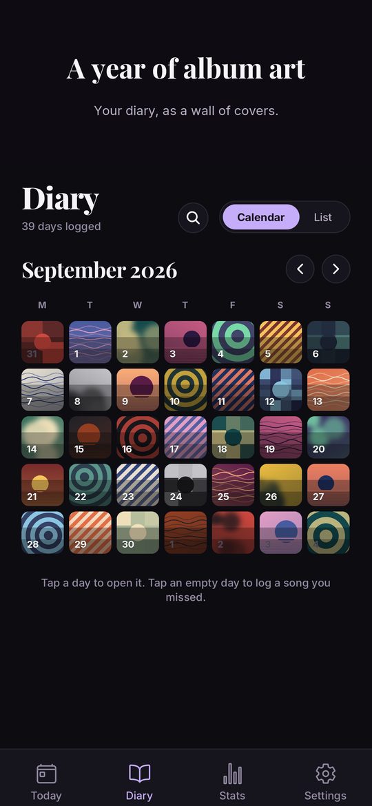 Diary screen: a month calendar of album covers